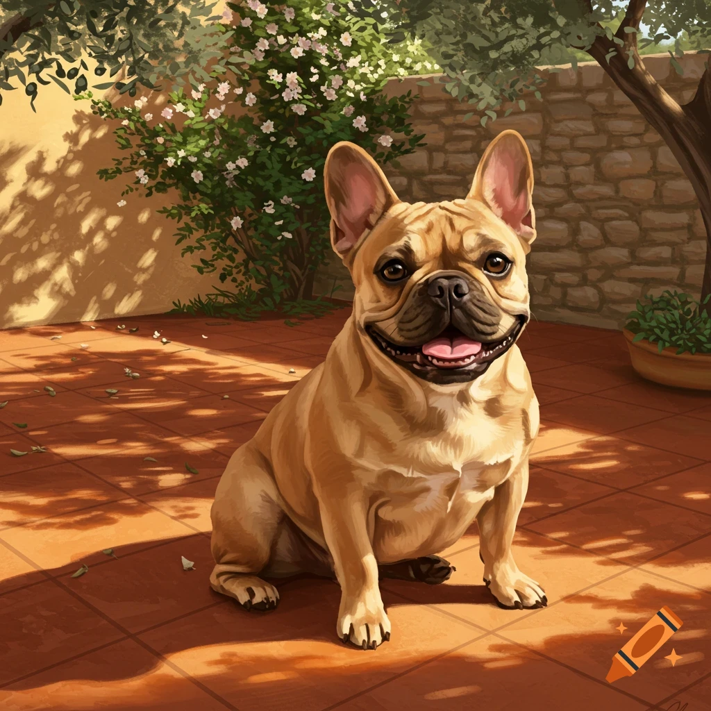 A tan French bulldog with a happy expression sitting on a sunny tiled patio in a garden.