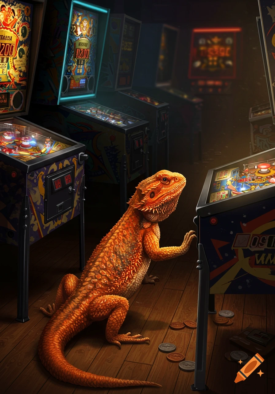 An orange bearded dragon stands on a wooden floor in a dimly lit arcade, its paw resting on a pinball machine.