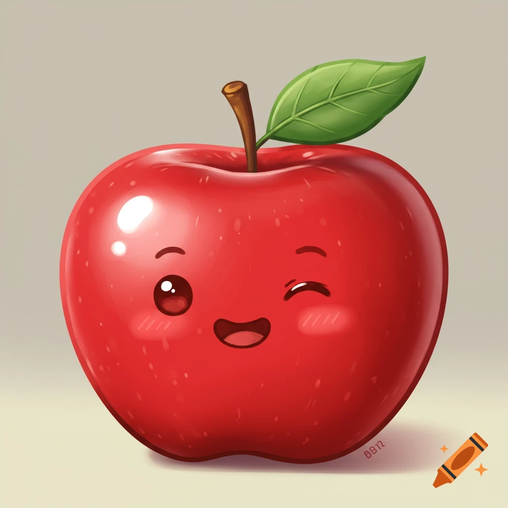 A cute, shiny red cartoon apple with a green leaf and a happy winking face, on a light background.