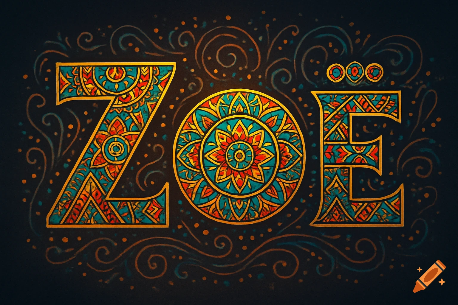 Stylized letters Z O E in vibrant, intricate mandala patterns on a dark background, surrounded by swirls and dots.