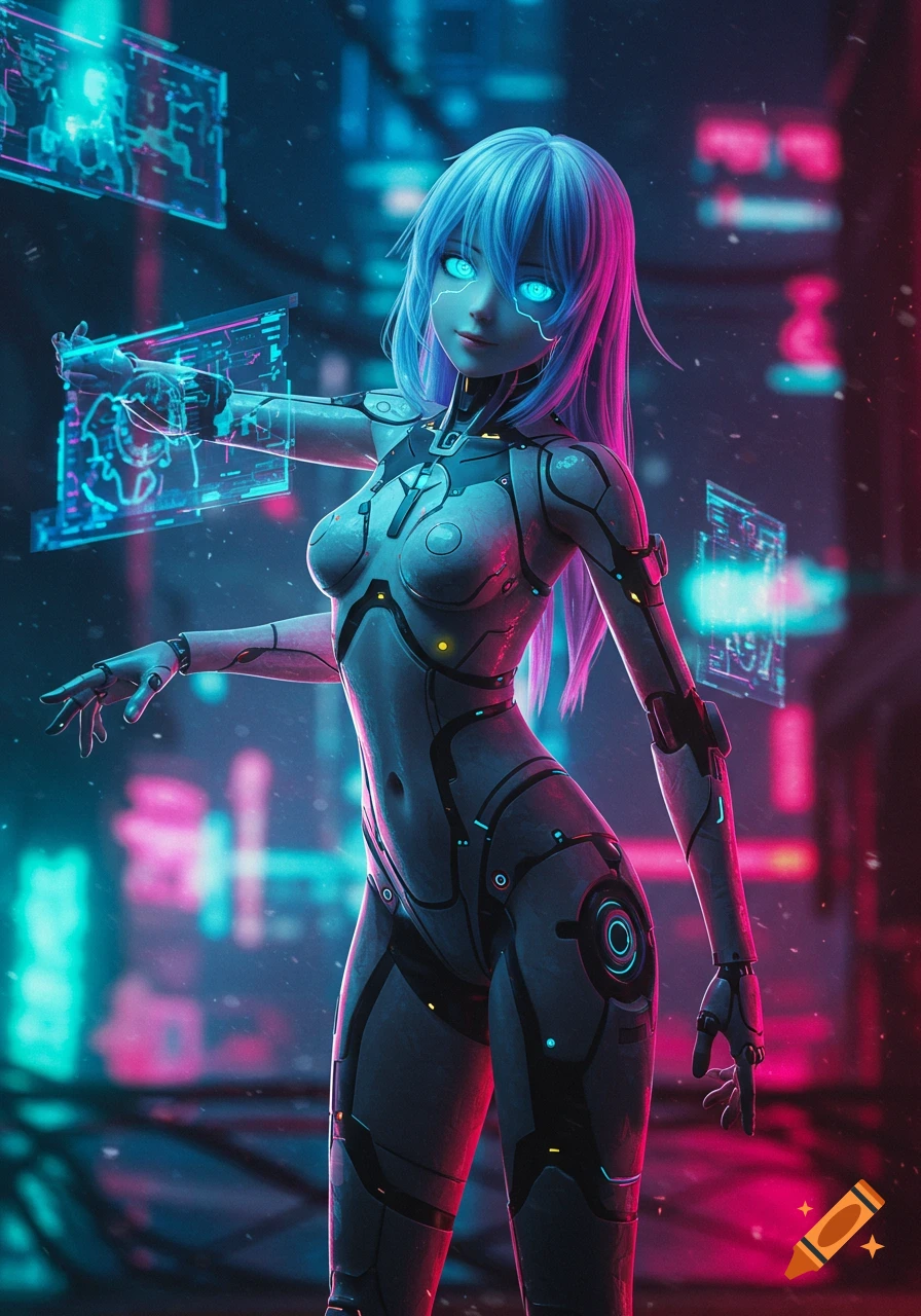A futuristic anime cyborg girl with blue hair and glowing blue eyes interacts with holographic screens in a neon-lit cyberpunk city.