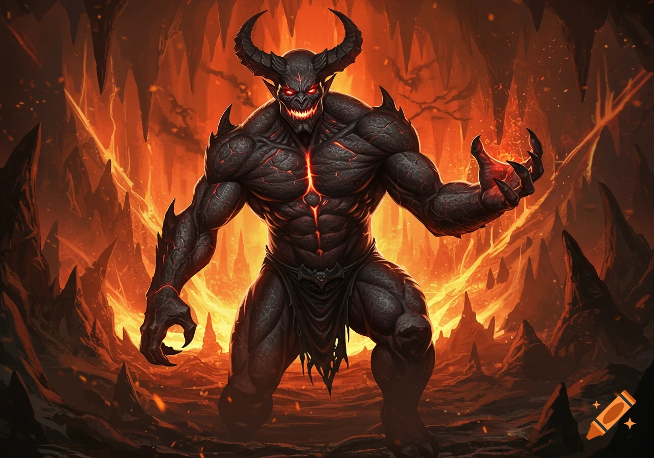 A muscular, horned black demon with glowing red eyes and fiery chest stands in a hellish cavern, in a comic art style.