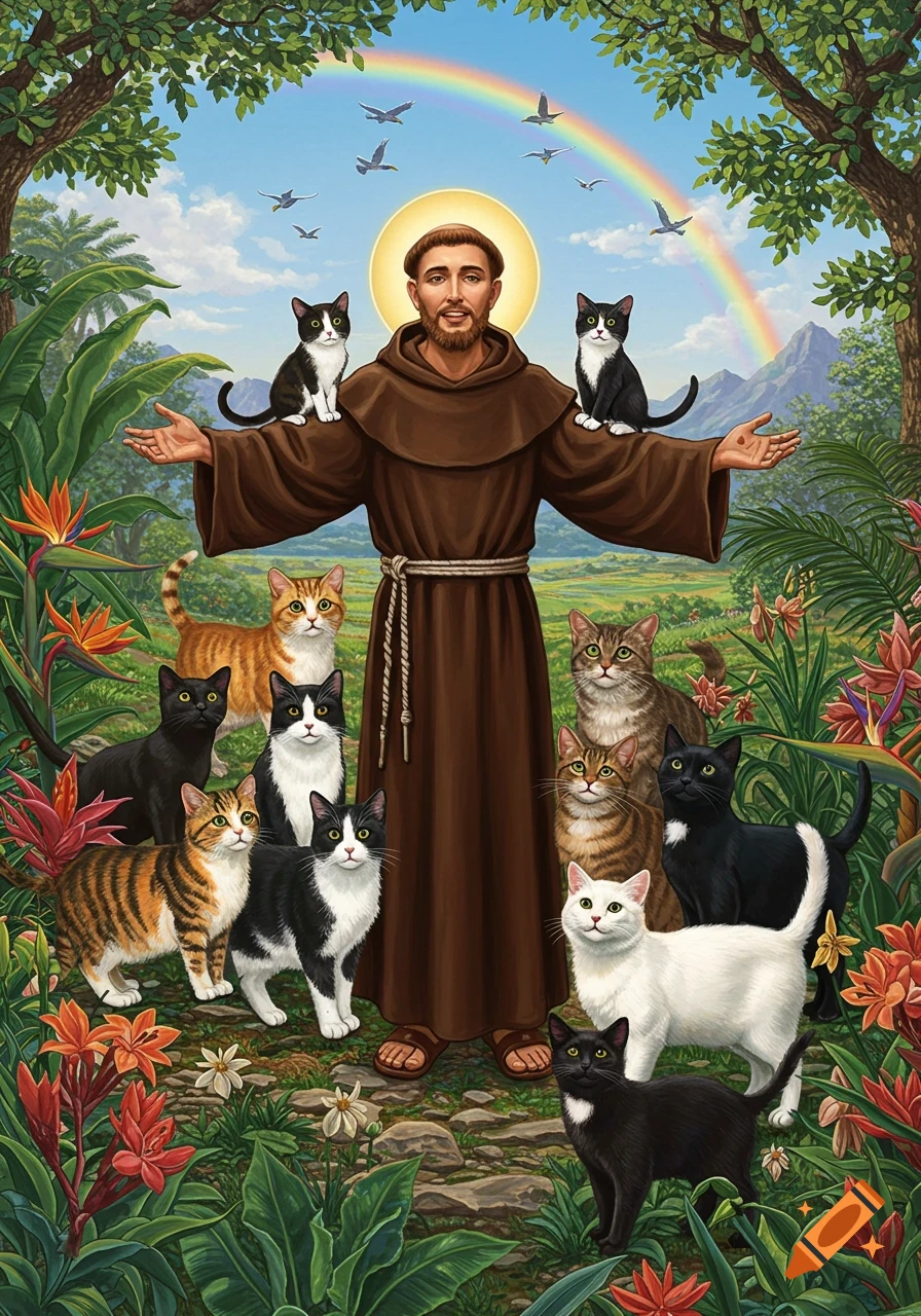 Colorful illustration of Saint Francis with outstretched arms, surrounded by many cats in a vibrant tropical garden under a rainbow.