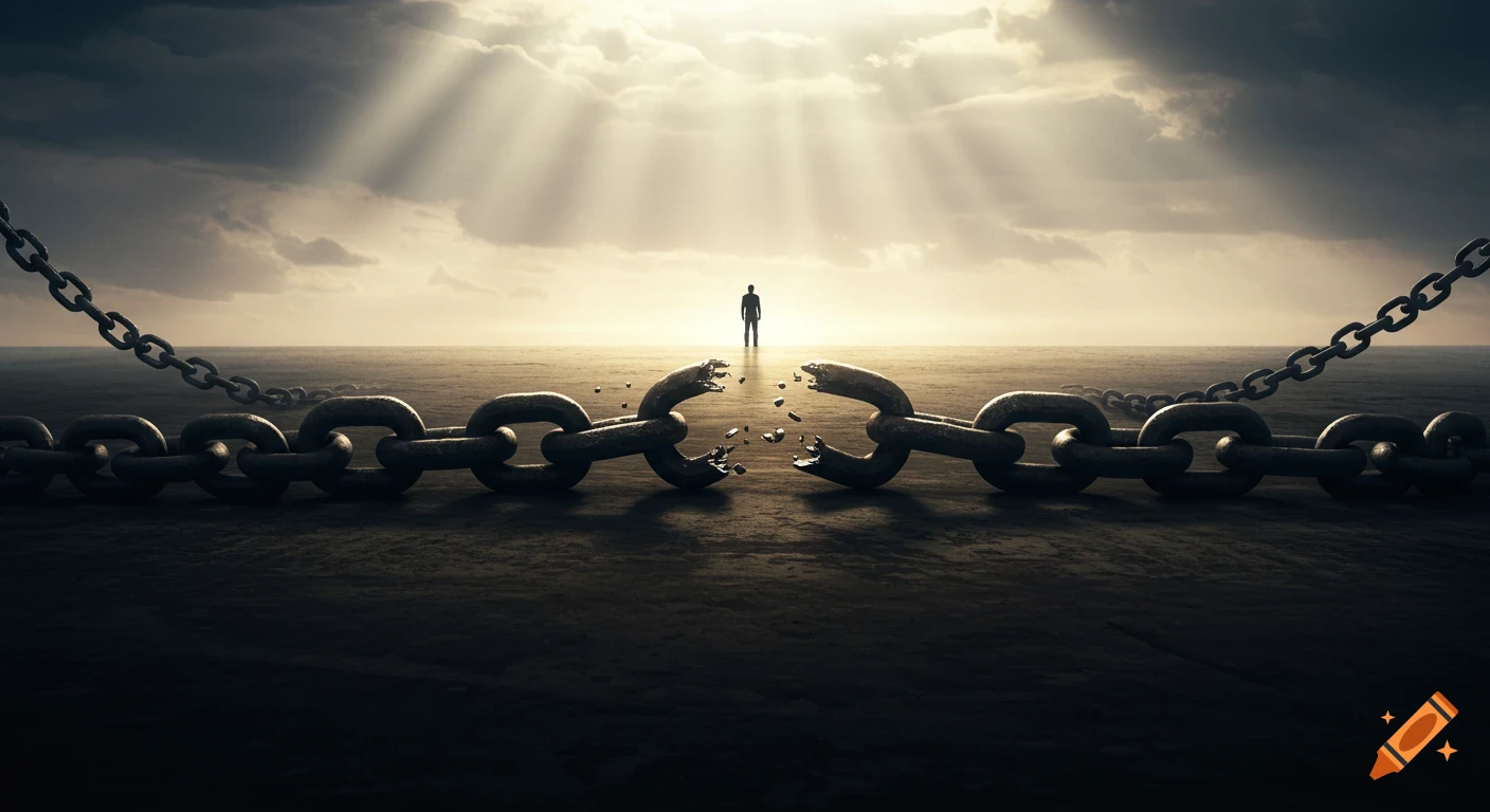 A broken metal chain lays on dark ground, leading to a distant person silhouetted against a bright, cloudy sky with sun rays.