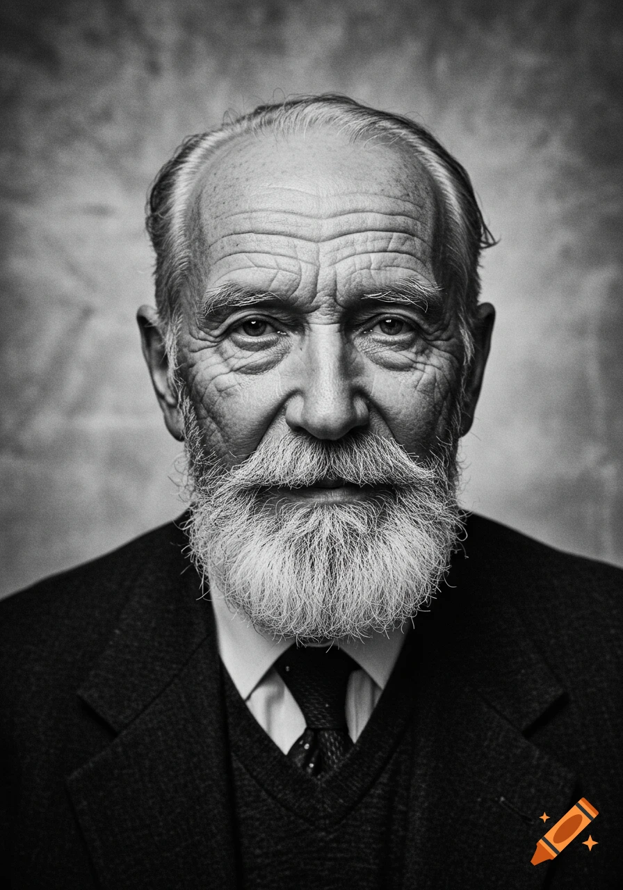 Close-up black and white portrait of an elderly man with a white beard and mustache, wearing a suit.