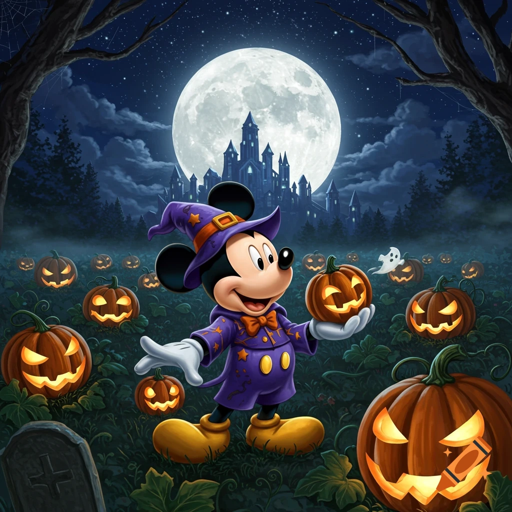 Mickey Mouse dressed as a wizard, holding a jack-o'-lantern in a moonlit pumpkin patch with a spooky castle and ghost.