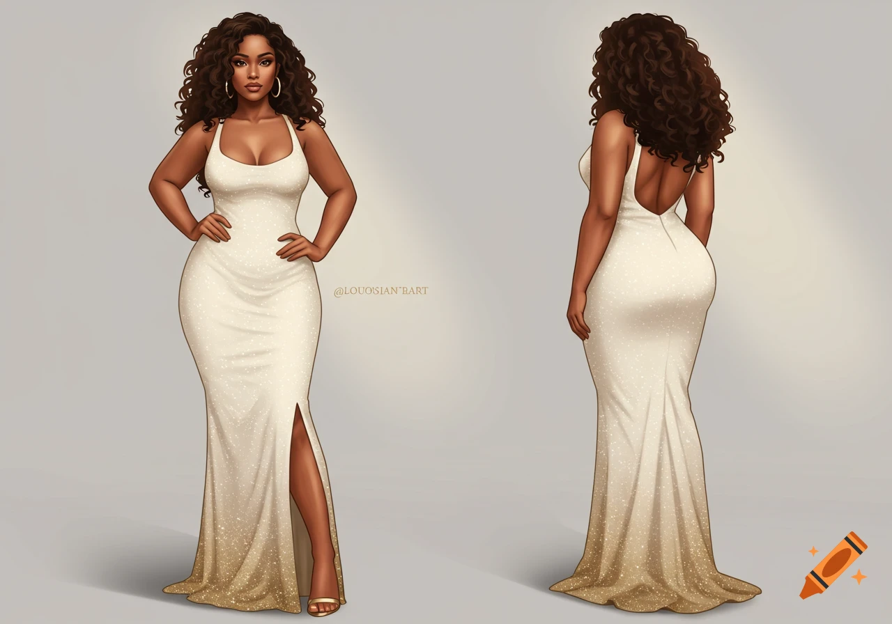 Front and back views of a curvy woman with dark curly hair in a sparkling white and gold evening gown.