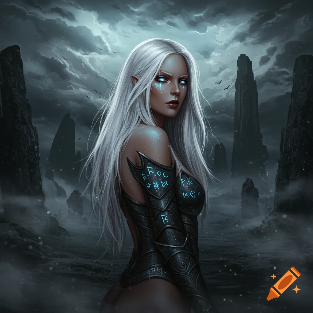 A white-haired elf woman with glowing blue eyes and symbols on her face and armor stands in a dark, rocky landscape under a stormy sky.