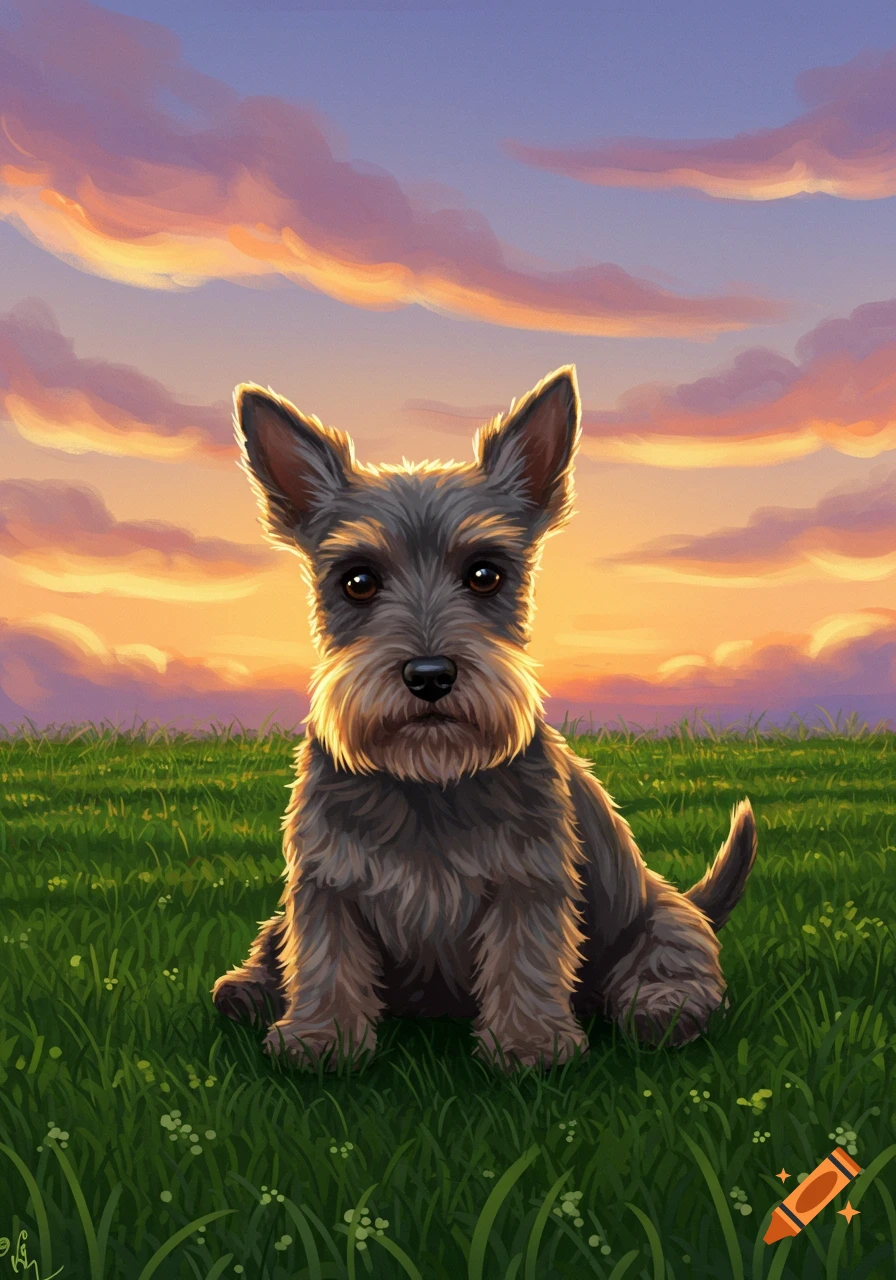 A cute, scruffy gray dog sits in a green field, looking forward, with a vibrant orange and purple sunset sky in the background. Digital art.