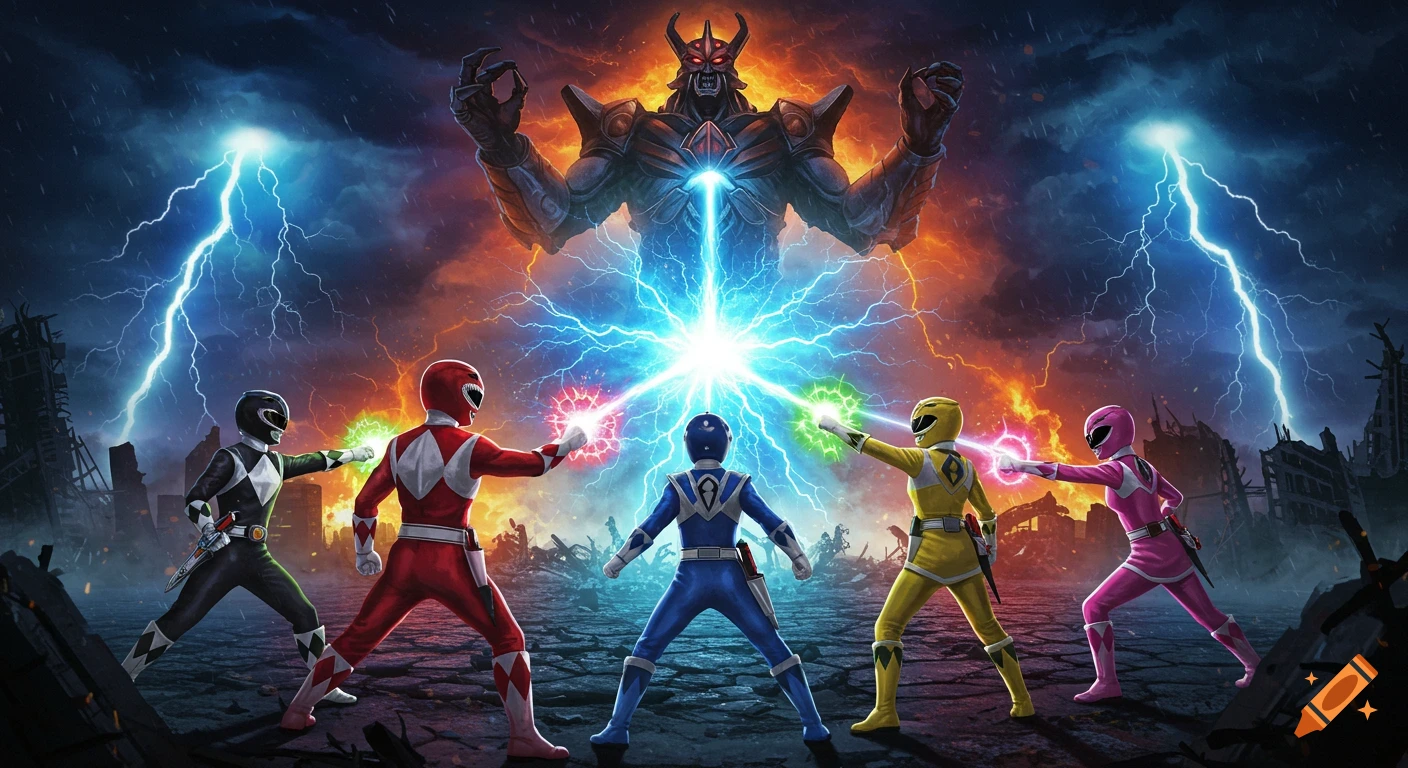 Five Power Rangers in a destroyed city combine energy attacks against a giant horned monster under a stormy, fiery sky.
