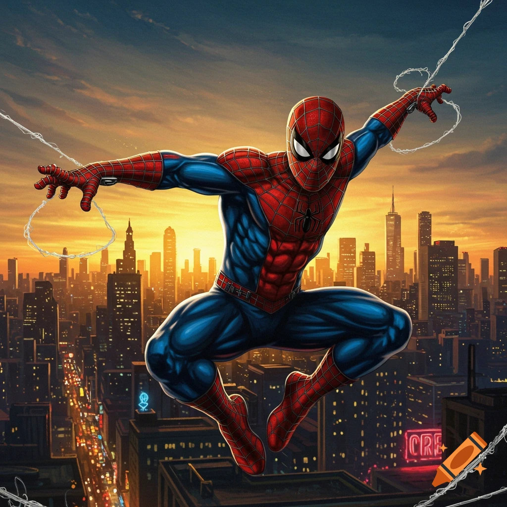 Spider-Man swings through a city at sunset, depicted in a dynamic comic book style.