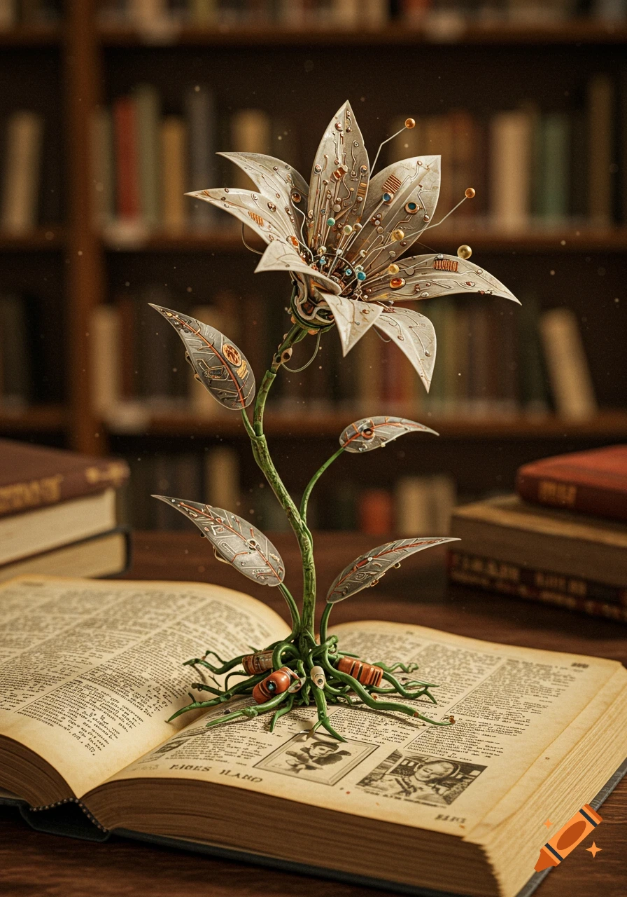 A detailed biomechanical flower with circuit board petals and wires grows from an open, antique dictionary on a table in a dimly lit library.