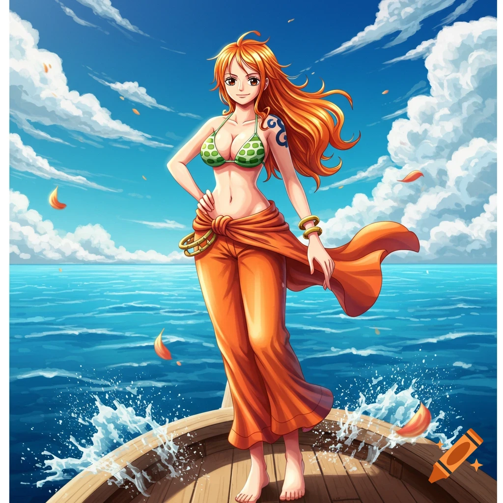 Anime character Nami stands on a wooden boat, wearing a green bikini top and orange pants, with a blue ocean and cloudy sky.