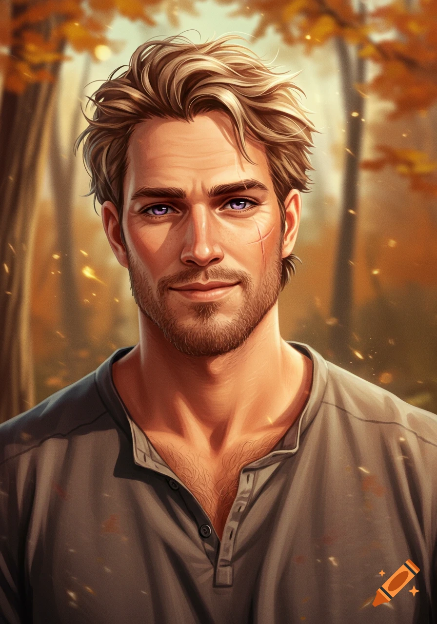 Illustrative portrait of a rugged man with messy blonde hair, beard, purple eyes, and a scar, in an autumn forest setting.