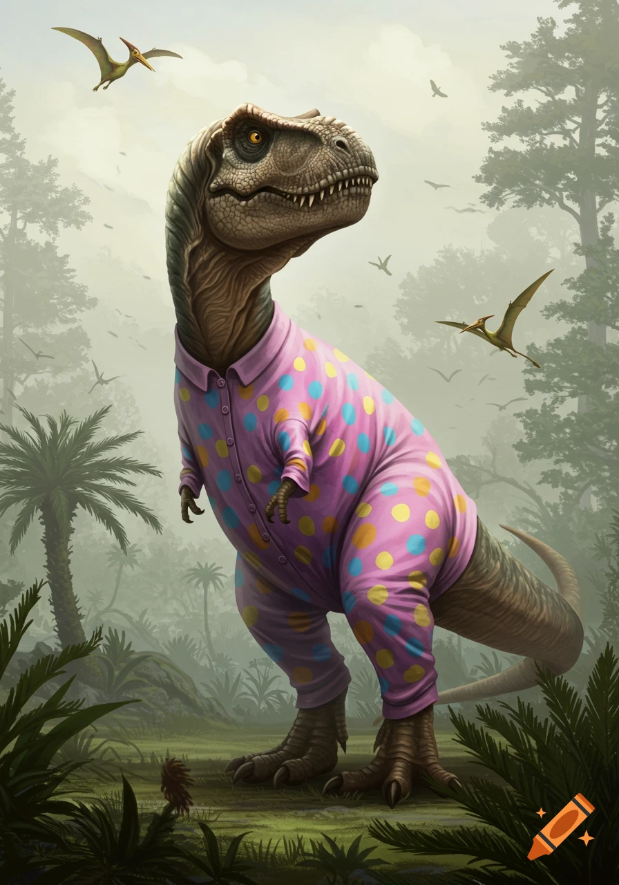 A detailed illustration of a T-rex wearing pink and yellow polka-dot pajamas, standing in a lush prehistoric jungle with pterodactyls flying.