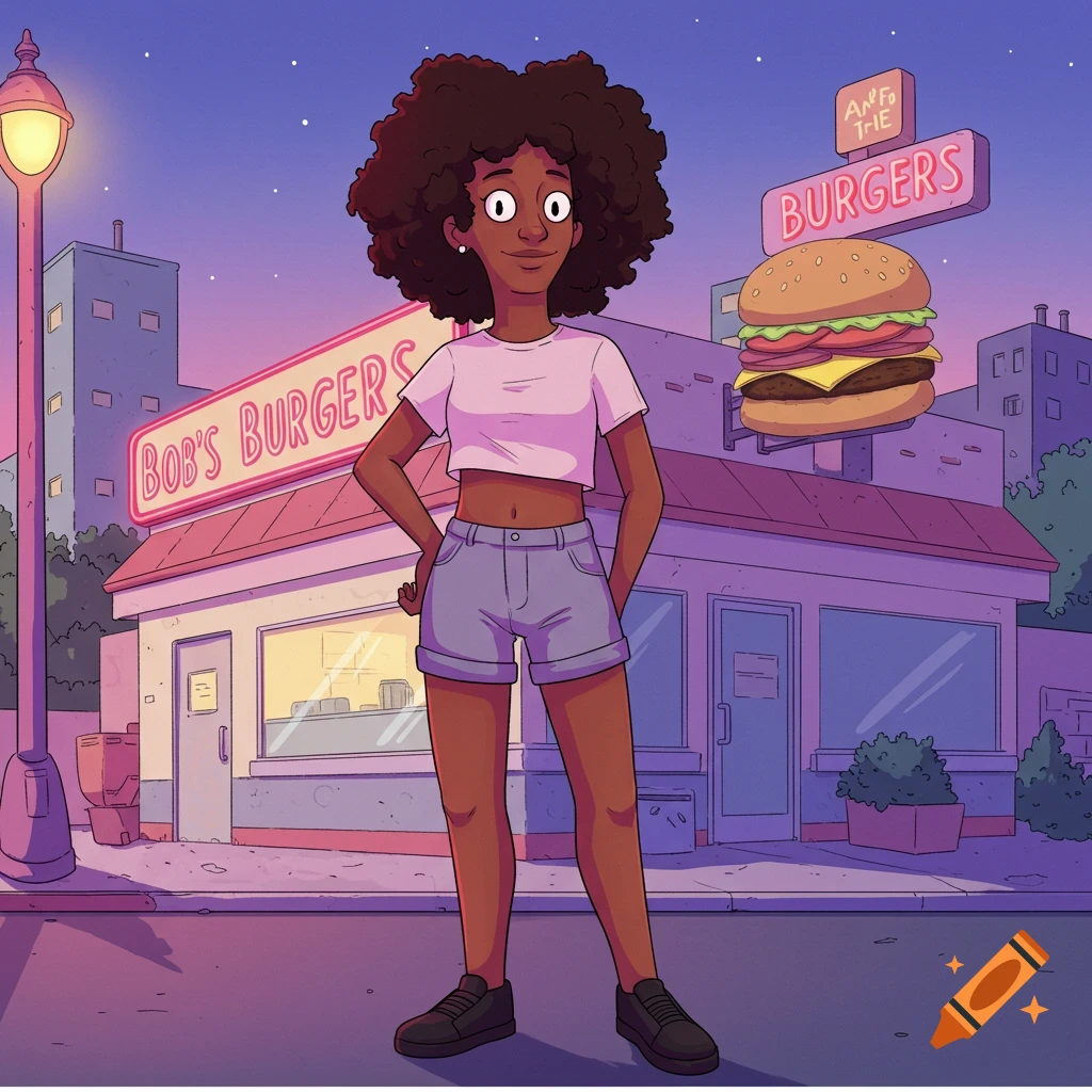Cartoon character with curly hair in a crop top and shorts in front of a Bob's Burgers restaurant with a giant burger.