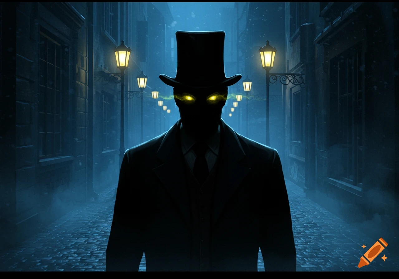 Stylized illustration of a shadowy man in a suit and top hat with glowing yellow eyes, in a dark, foggy alley with street lamps.