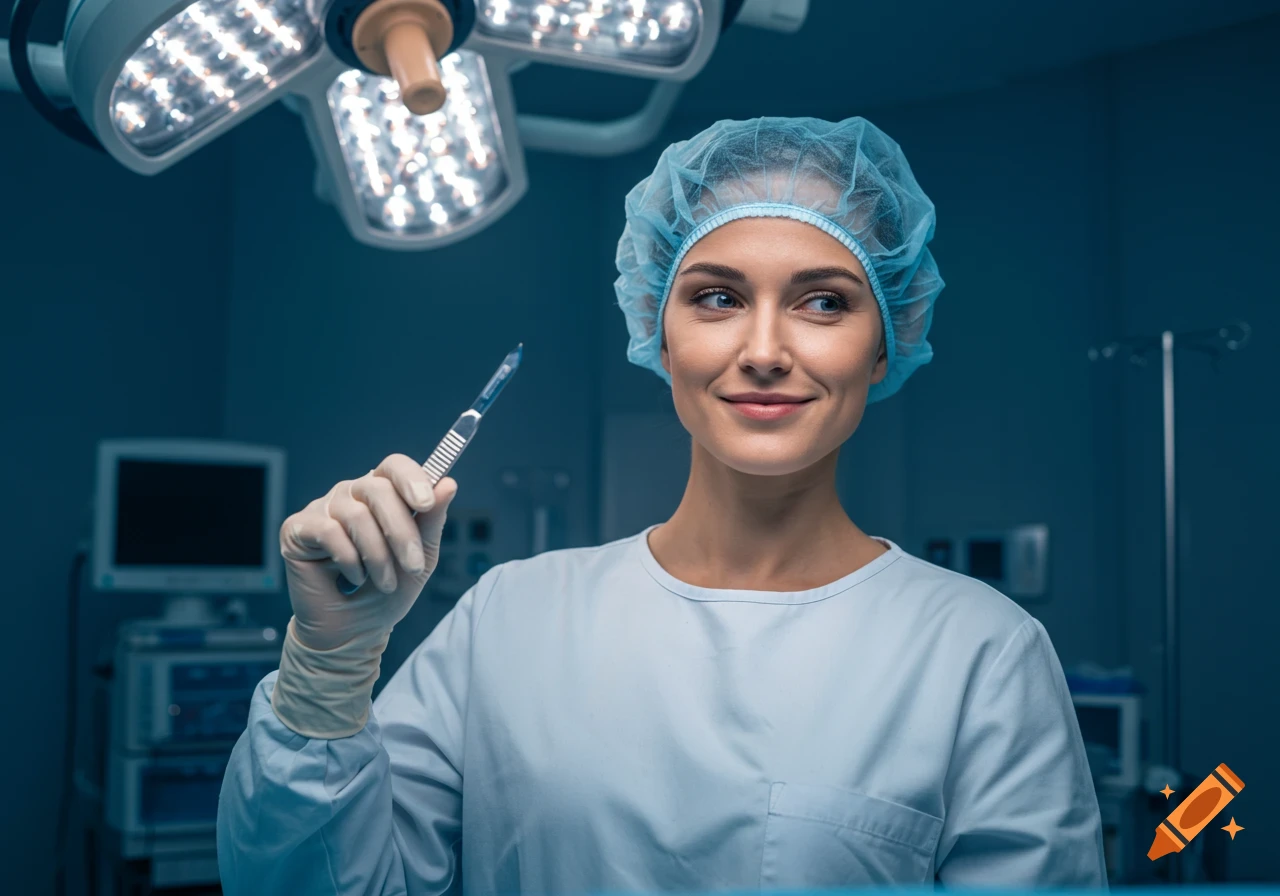 Photorealistic image of a female doctor in scrubs and a surgical cap, smiling slightly and holding a scalpel in an operating room.