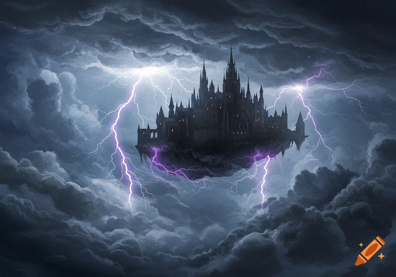 Dark flying castle surrounded by dramatic storm clouds and purple lightning, in an oil painting style.