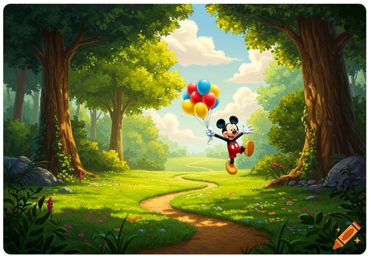 Mickey Mouse skips joyfully through a vibrant green forest, holding colorful balloons under a blue sky, cartoon style.