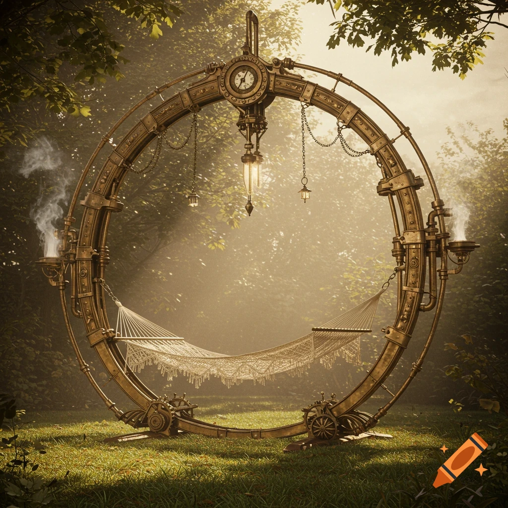 Ornate steampunk hammock stand with intricate gears and a clock face, nestled in a sun-dappled forest.