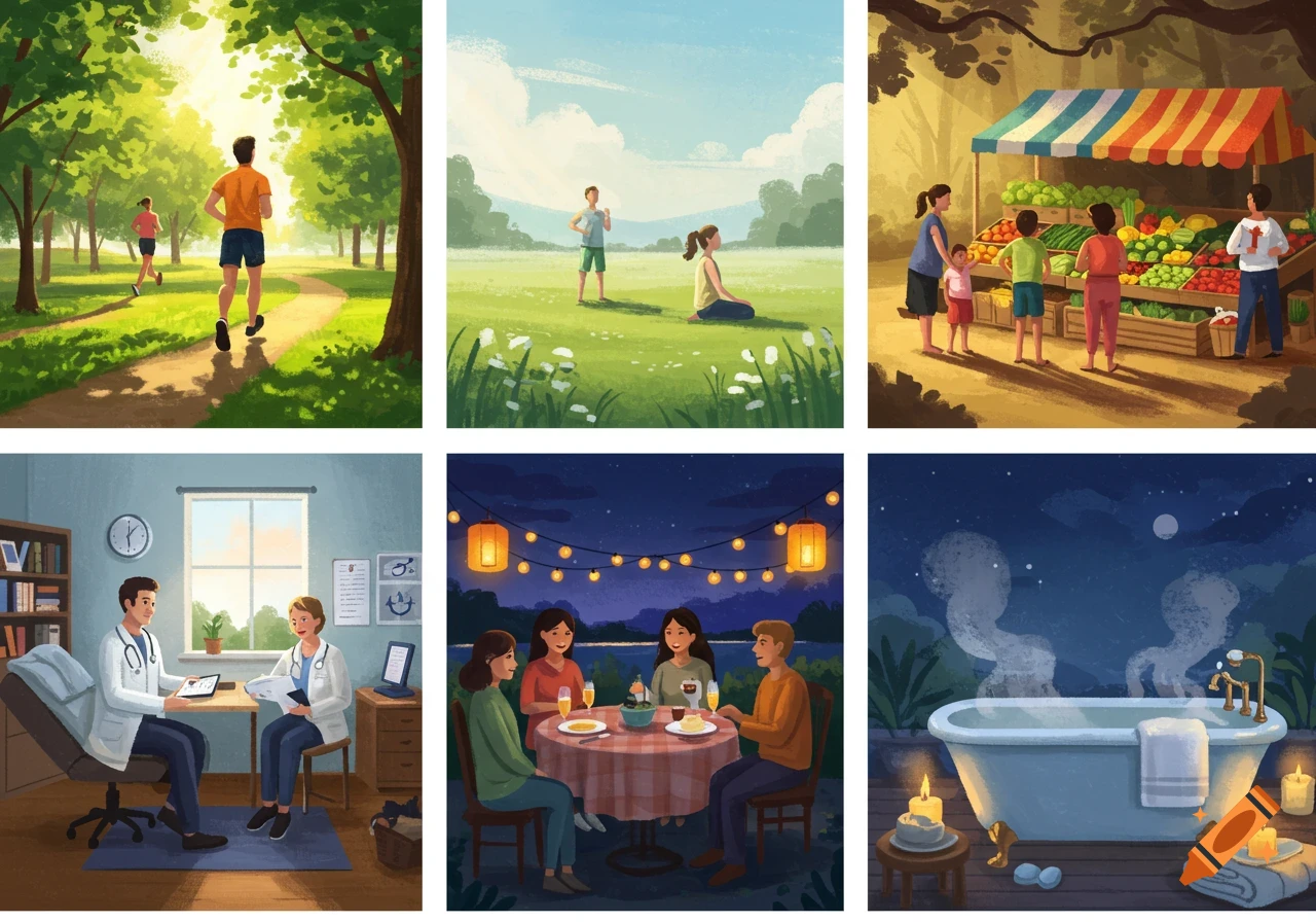 Six colorful illustrations showing healthy lifestyle scenes: jogging, relaxing in nature, a farmers market, a doctor's visit, outdoor dining, and a bath.