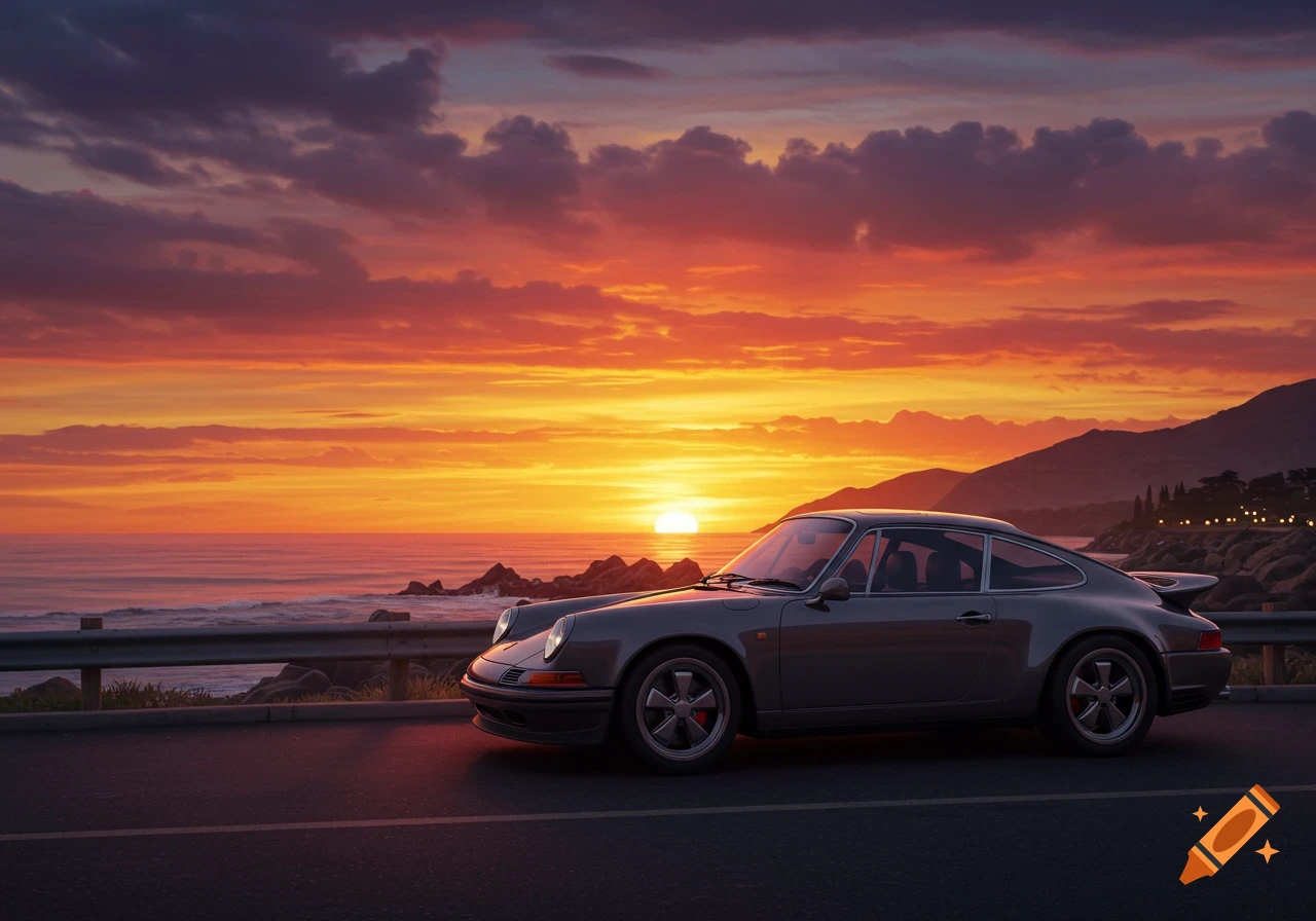 A grey Porsche 911 parked on a coastal road overlooking a vibrant orange and yellow ocean sunset with mountains in the distance, photorealistic style.
