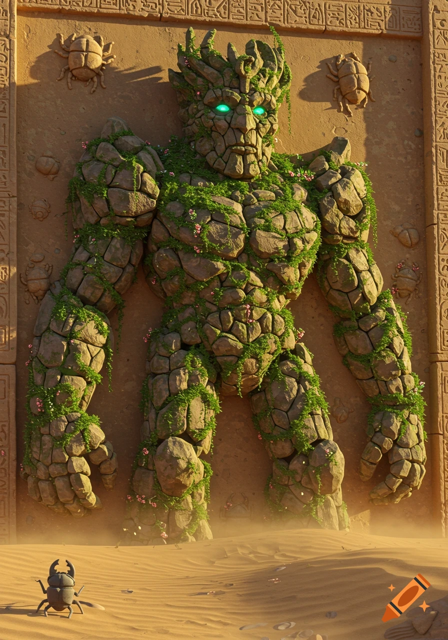 Giant mossy stone elemental with glowing eyes stands on desert sand against an ancient wall with hieroglyphs and scarab carvings.