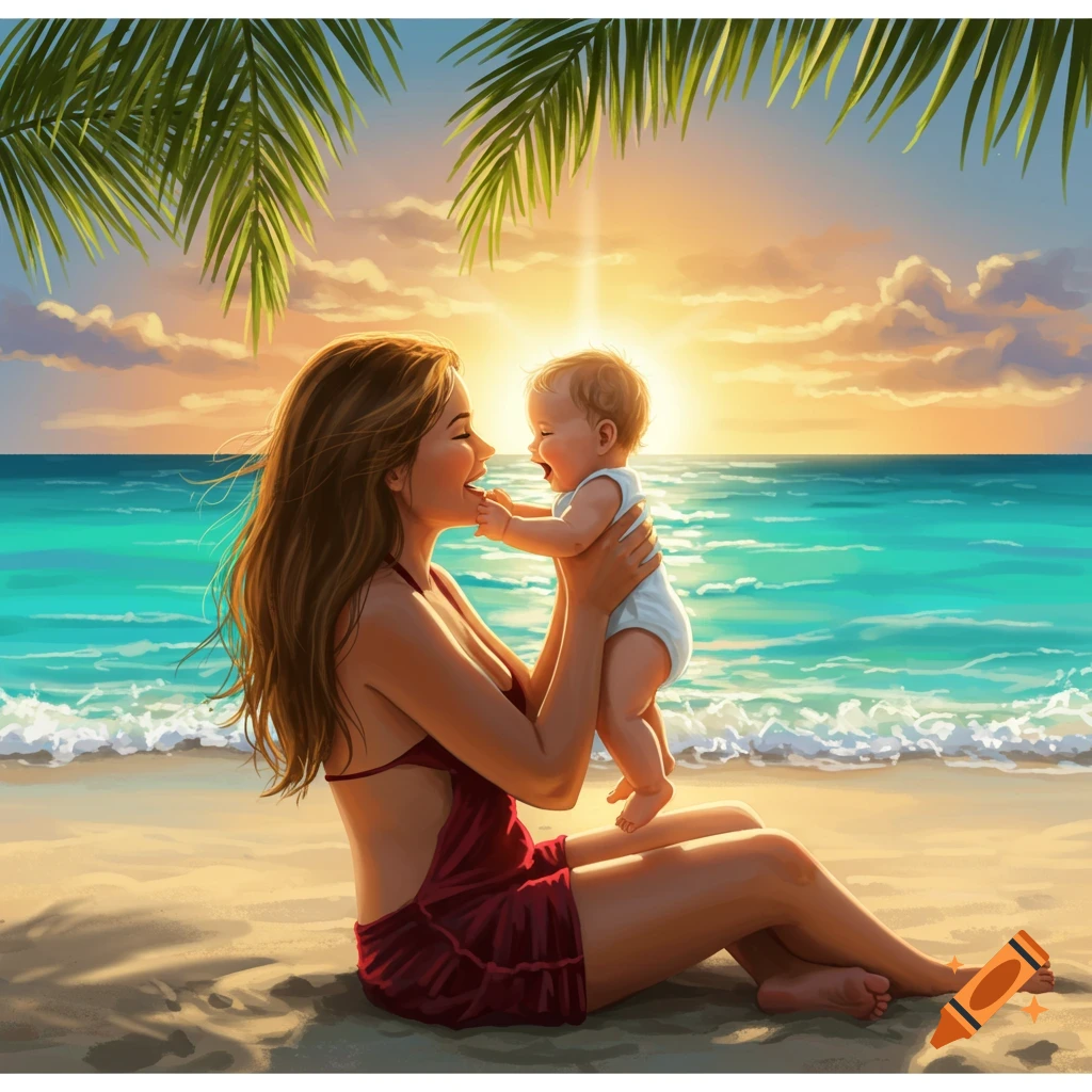 Illustrated scene of a smiling mother holding her laughing baby on a sandy beach at sunset, with ocean and palm fronds.