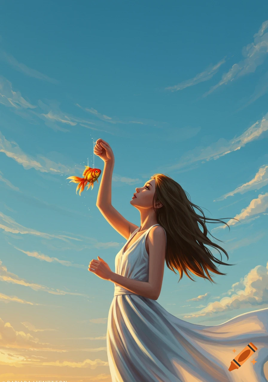 A woman in a white dress holds a glowing goldfish up to a clear blue sky with sparse clouds, in a digital art style.
