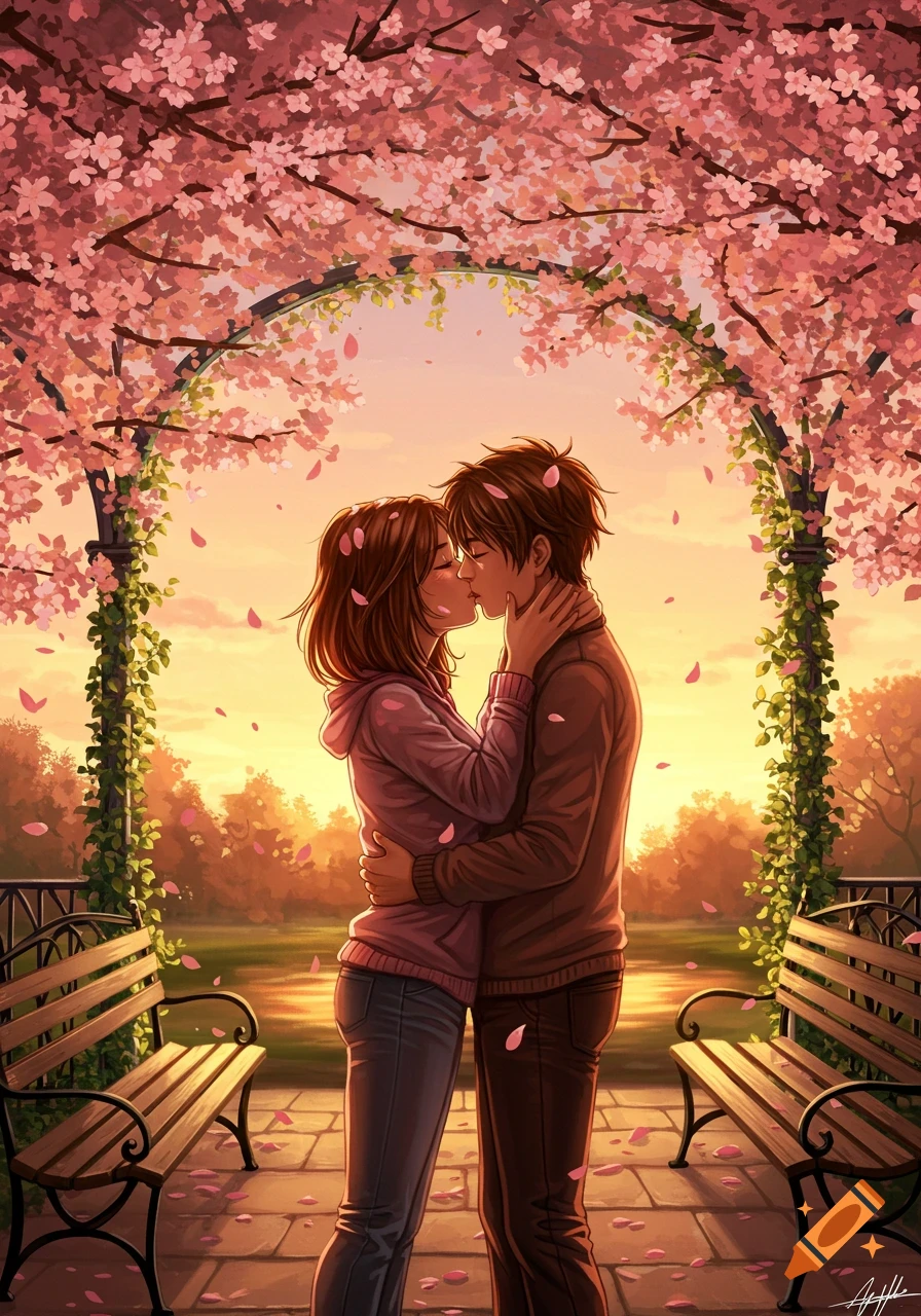 An anime couple kisses under a pink cherry blossom arch in a park at sunset, with petals falling.