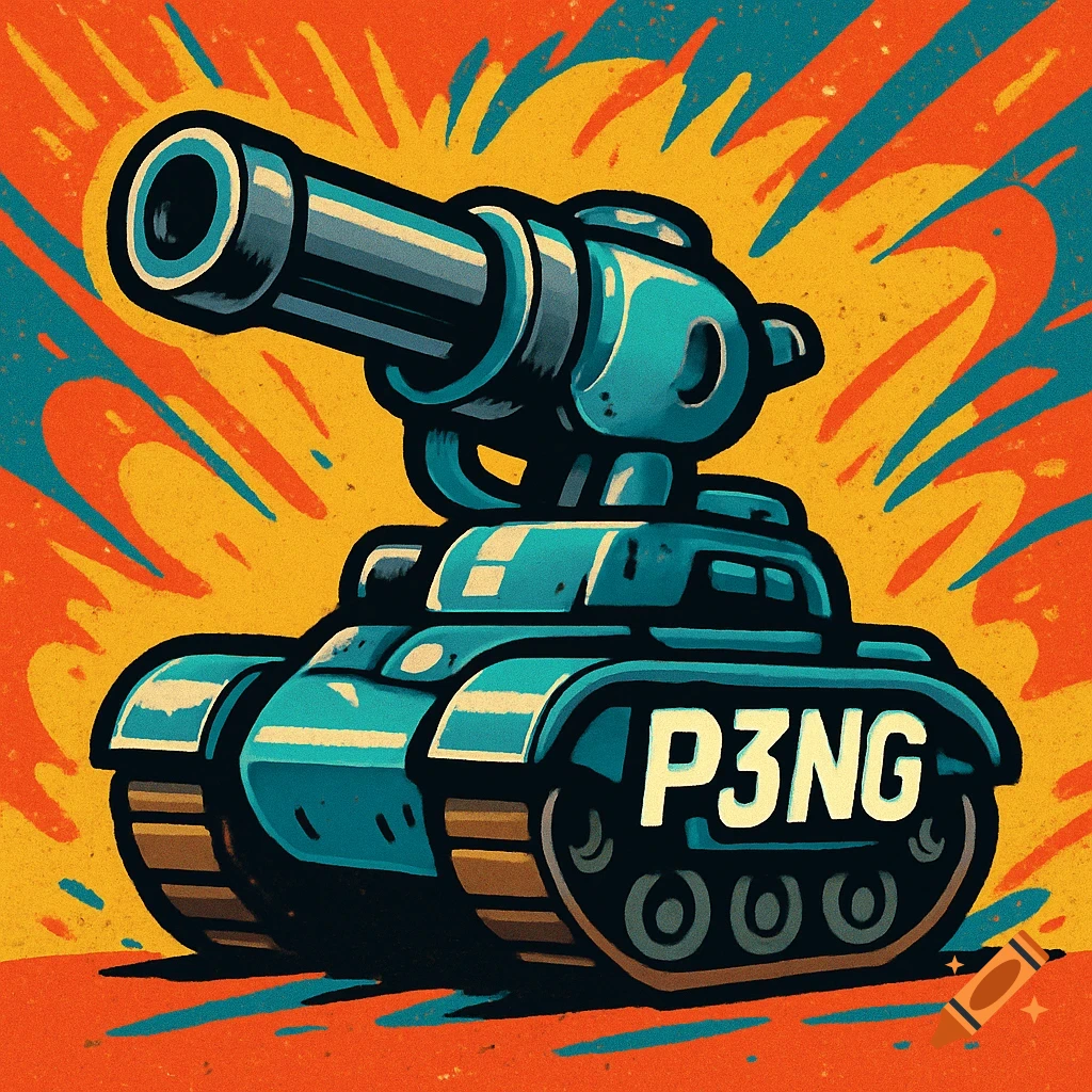 A cartoon blue tank with a large cannon and 'P3NG' on its side, against a vibrant orange and yellow explosion background.