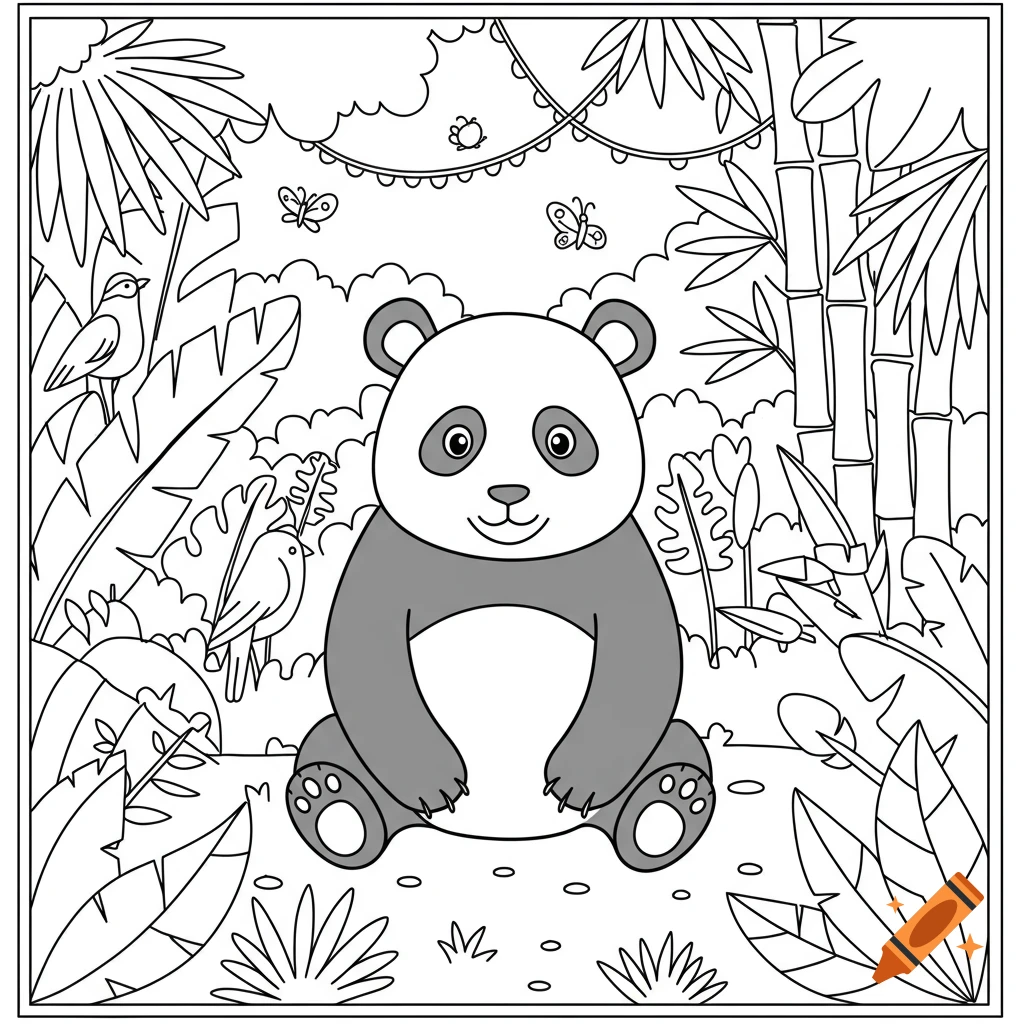 A cute panda sits in a jungle, rendered in a black and white coloring book style with thick outlines.