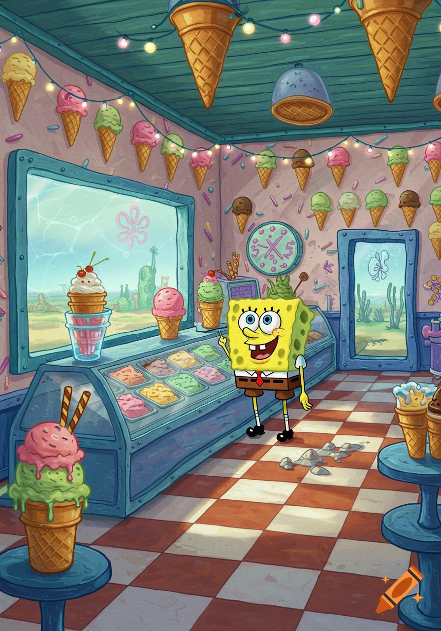 SpongeBob SquarePants stands in a vibrant ice cream shop filled with colorful cones, an ice cream display case, and a checkered floor.