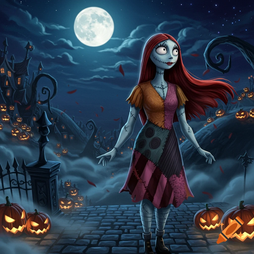 Sally from The Nightmare Before Christmas stands on a cobblestone path amidst glowing jack-o'-lanterns, a haunted mansion, and a full moon.