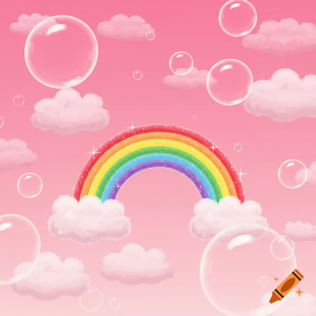 A vibrant cartoon rainbow with sparkling white clouds set against a bubbly pink sky filled with translucent bubbles.
