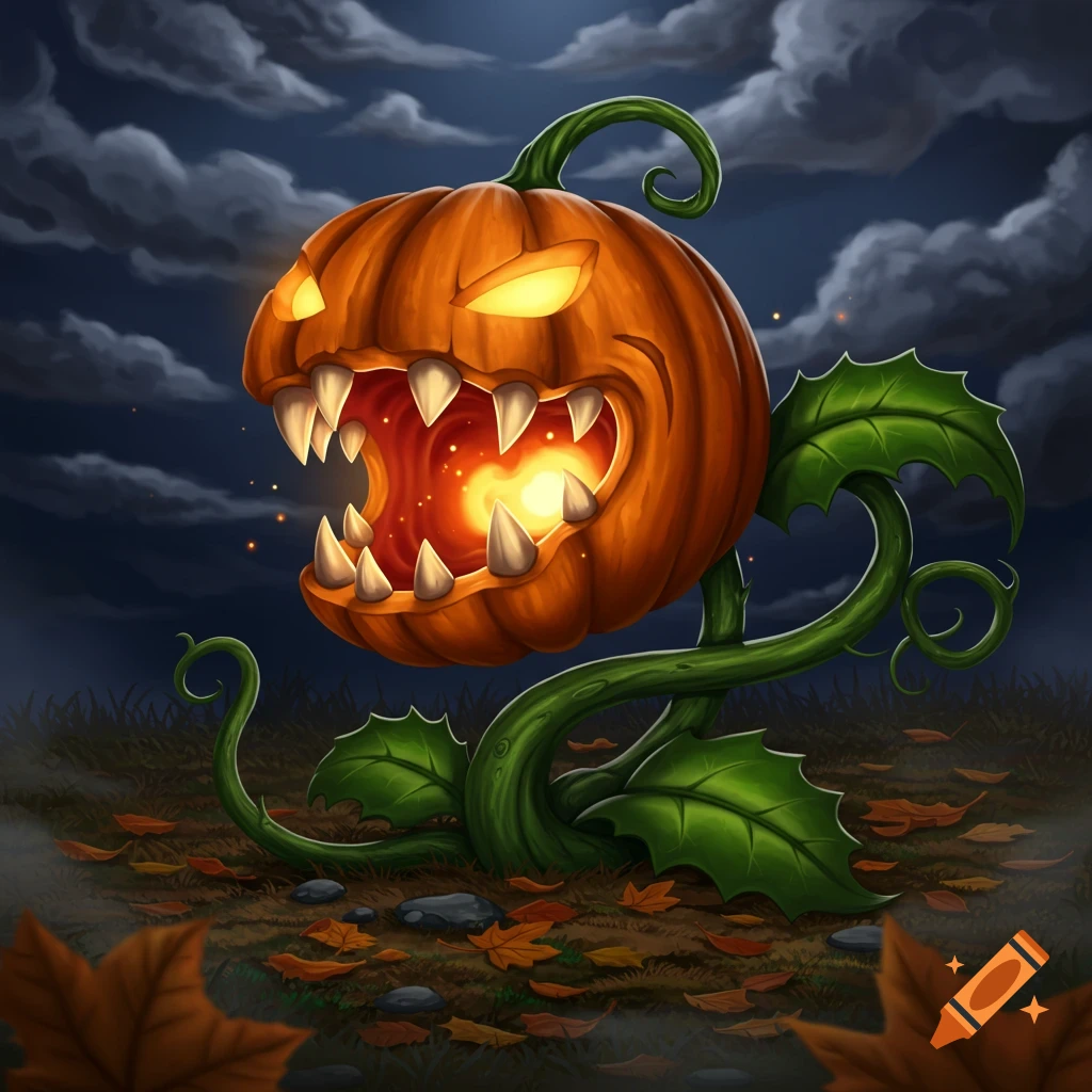 A spooky, cartoonish Jack o' lantern monster plant with glowing eyes and sharp teeth, on a dark night with fallen leaves.