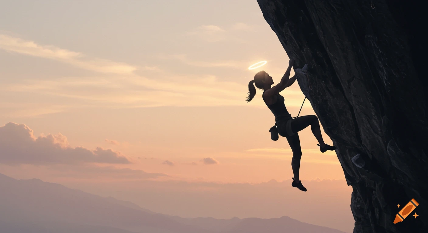 Silhouetted female rock climber on a cliff at sunset with a subtle halo, mountains in background.