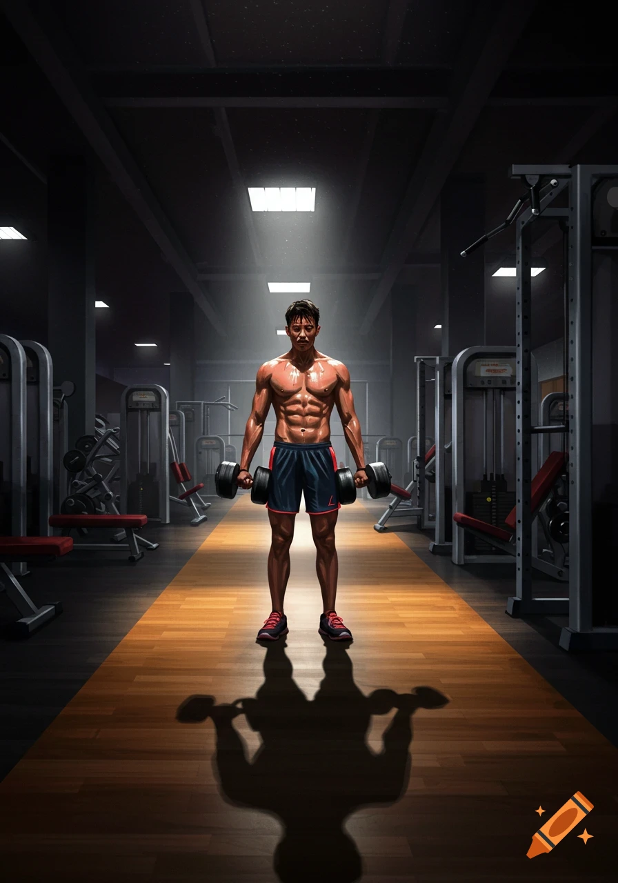 A muscular, shirtless man with dumbbells stands focused in a dimly lit gym.