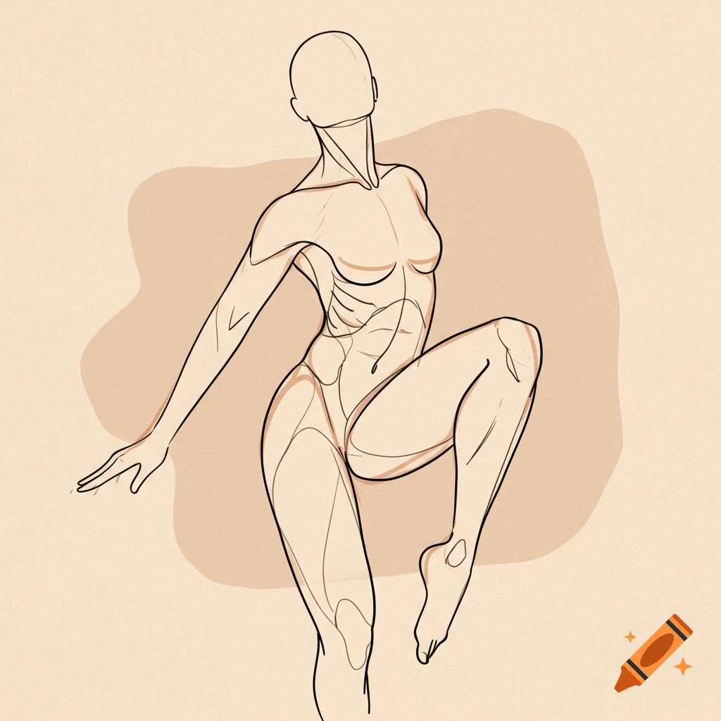 Stylized contour line drawing of a female figure in a dynamic pose with abstract background shapes.
