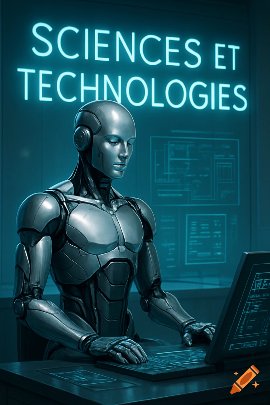 A photorealistic robot sits at a computer, typing, with neon blue text 'SCIENCES ET TECHNOLOGIES' on the wall behind it.