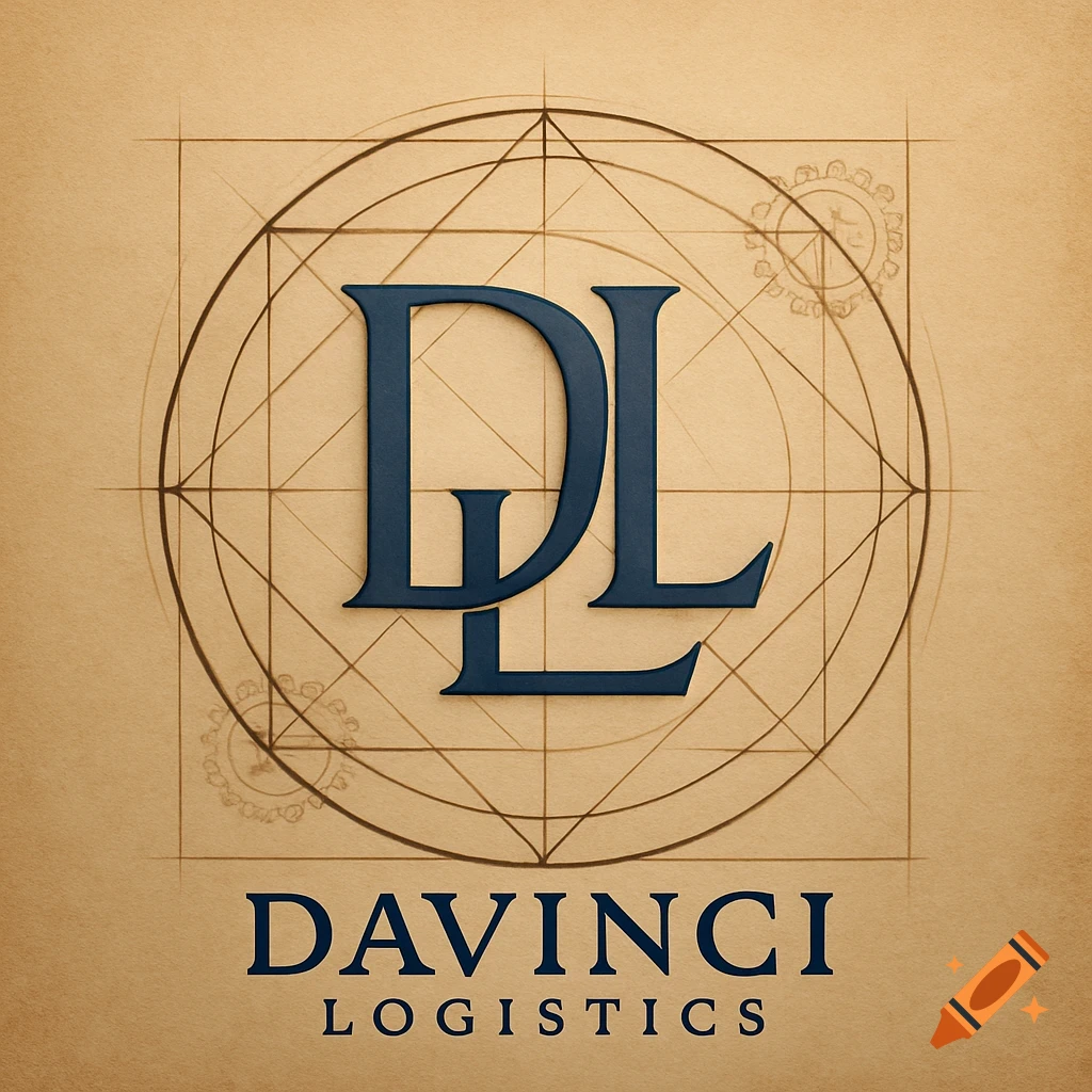 Blue and gold DaVinci Logistics logo with 'DL' initials, 'DAVINCI LOGISTICS' text, and blueprint-style lines on a parchment background.