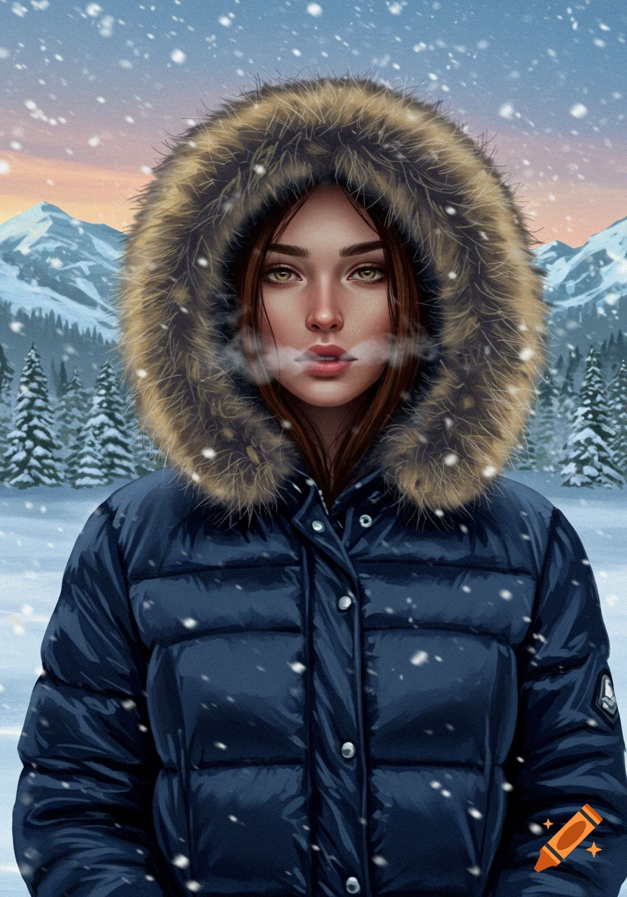 Digital painting of a woman in a navy puffer jacket with a fur-lined hood in a snowy mountain landscape.
