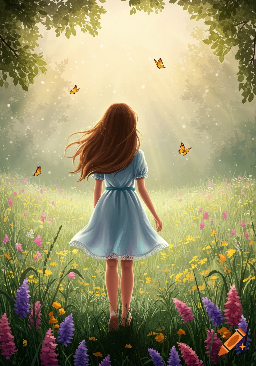 Illustrated young girl with long brown hair, wearing a blue dress, walking through a colorful wildflower meadow with butterflies and sunlit trees.