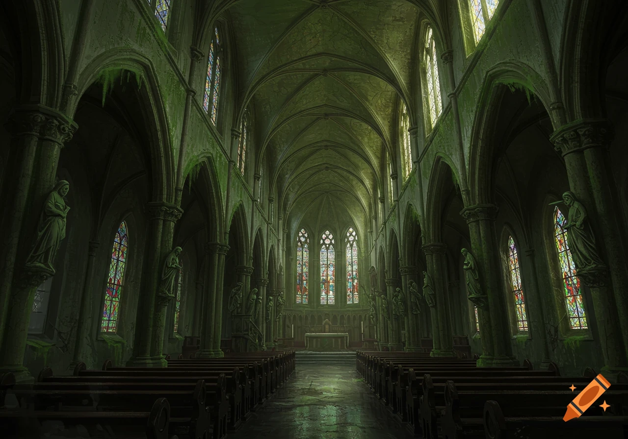 A dark, atmospheric gothic church interior, overgrown with green mold and featuring strange, eerie statues and colorful stained glass windows.