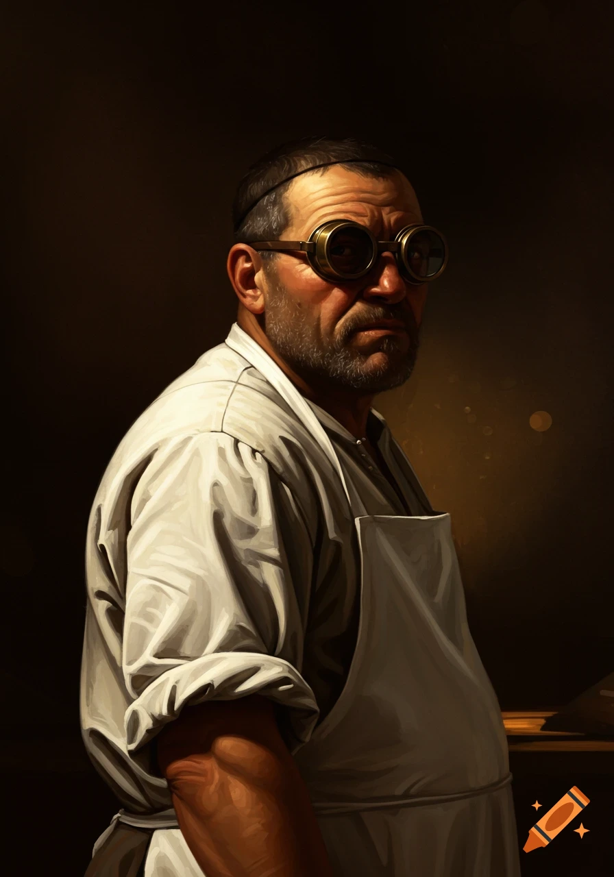 Caravaggio Chiaroscuro oil painting of a man in a white apron and goggles looking over his shoulder.