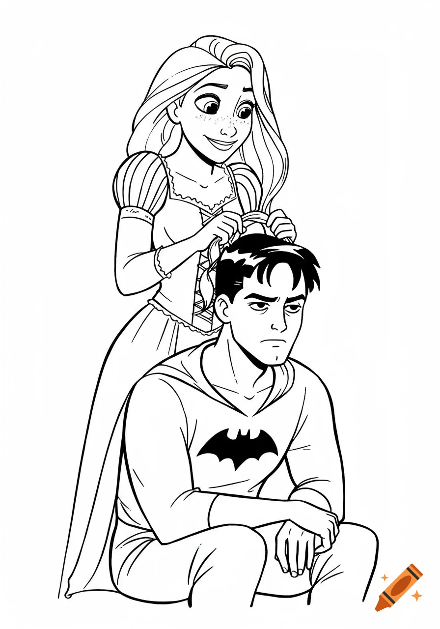 Line art of Rapunzel braiding an annoyed Bruce Wayne's hair; he wears a Batman logo shirt.