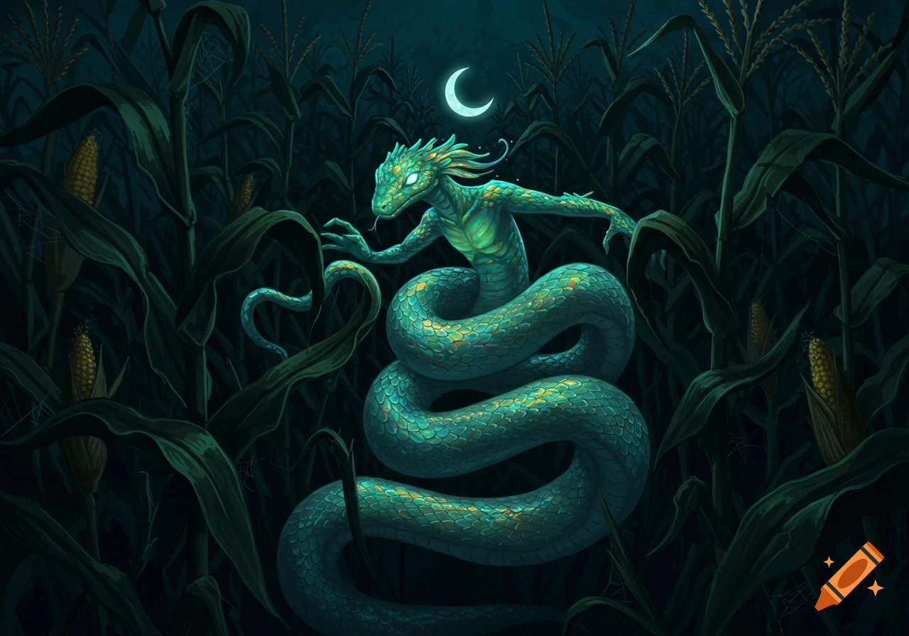 A glowing green snake-like creature with a humanoid torso stands in a dark cornfield under a crescent moon, storybook style.