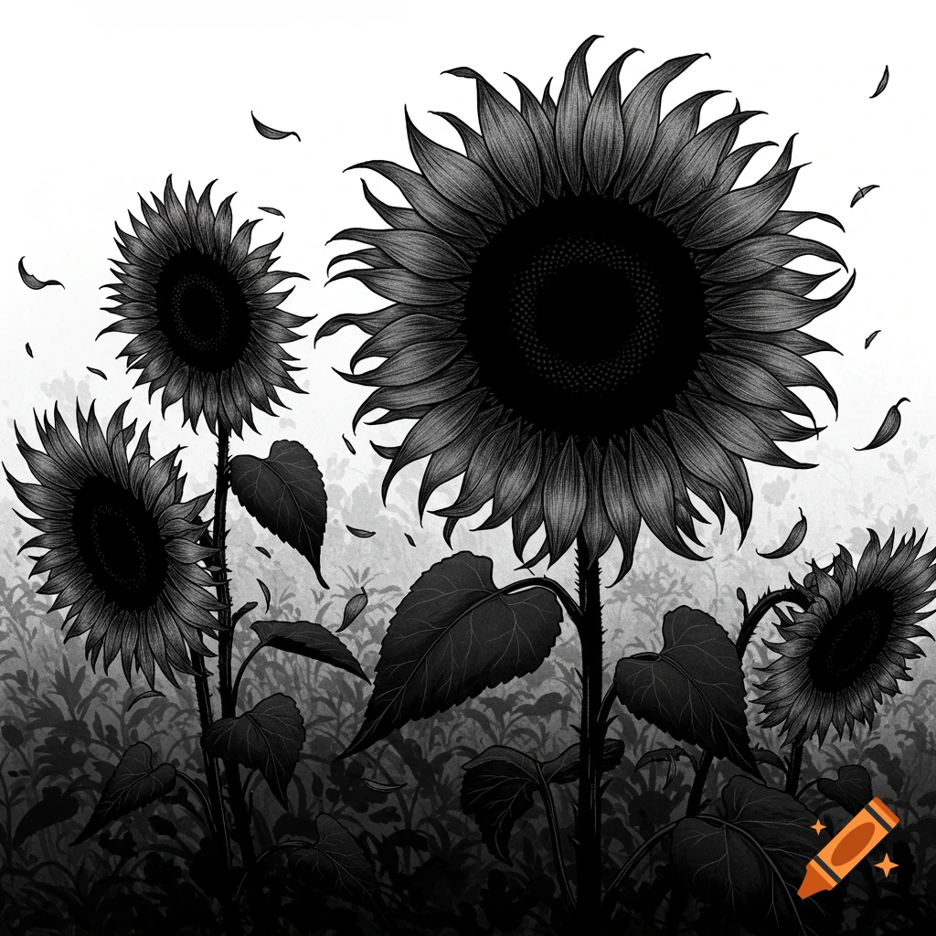 A black and white anime-style drawing of gothic sunflowers with falling petals against a light background.
