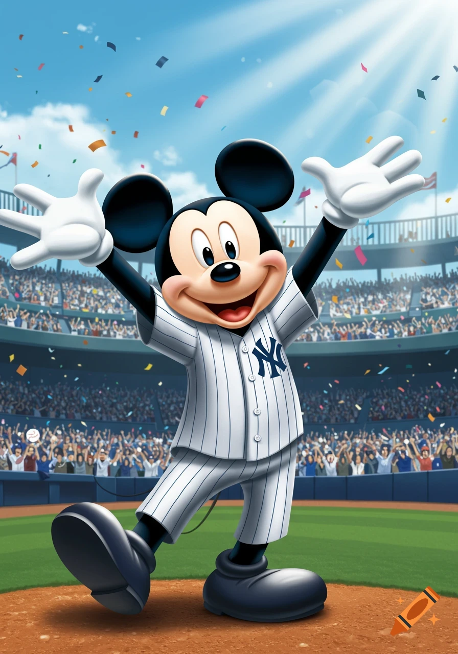 Mickey Mouse in a New York Yankees jersey on a baseball field, cheering with arms raised, confetti falling in a stadium full of fans.